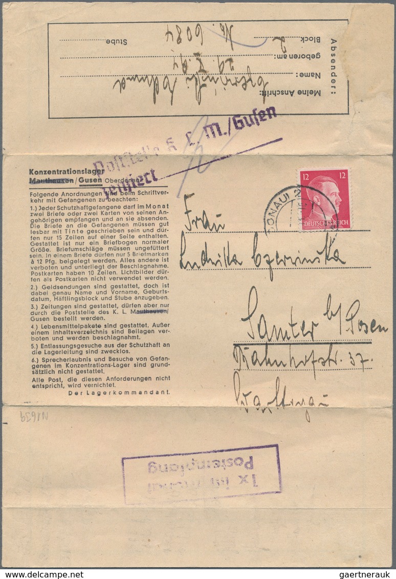 KZ-Post: 1943, Vordruck-Faltbrief Aus Dem Konzentrationslager GUSEN Mit Zensur-L2 Und Ra2 " 1x Im Mo - Brieven En Documenten