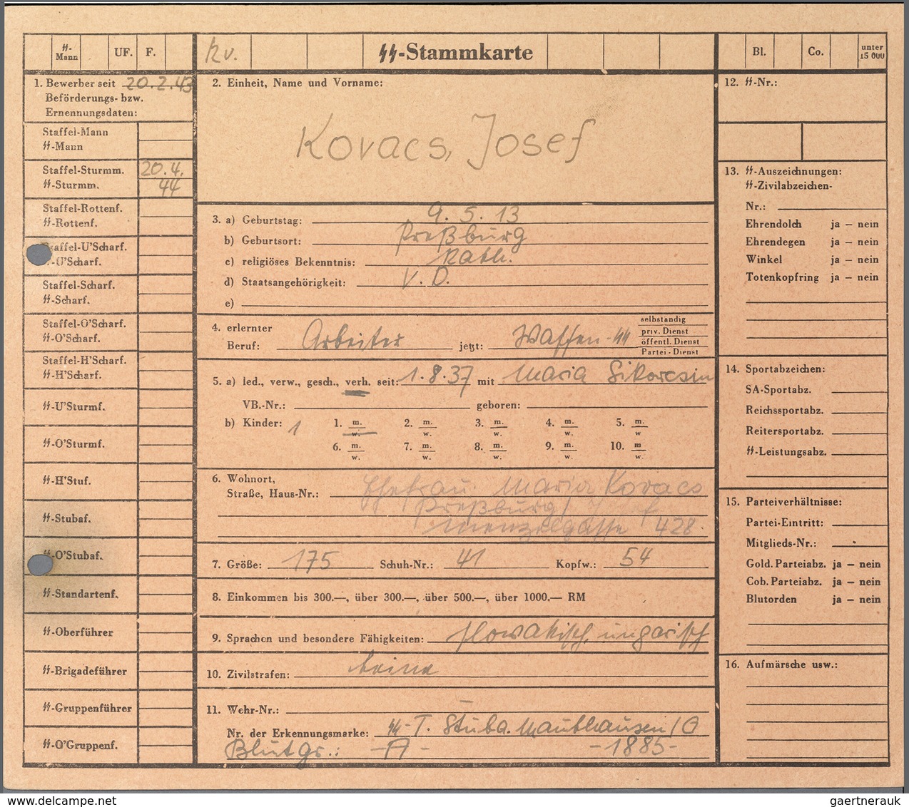 KZ-Post: 1943. Service Record (Stammkarte) For Josef Kovacs; Waffen SS Mauthausen Camp Guard (listed - Covers & Documents