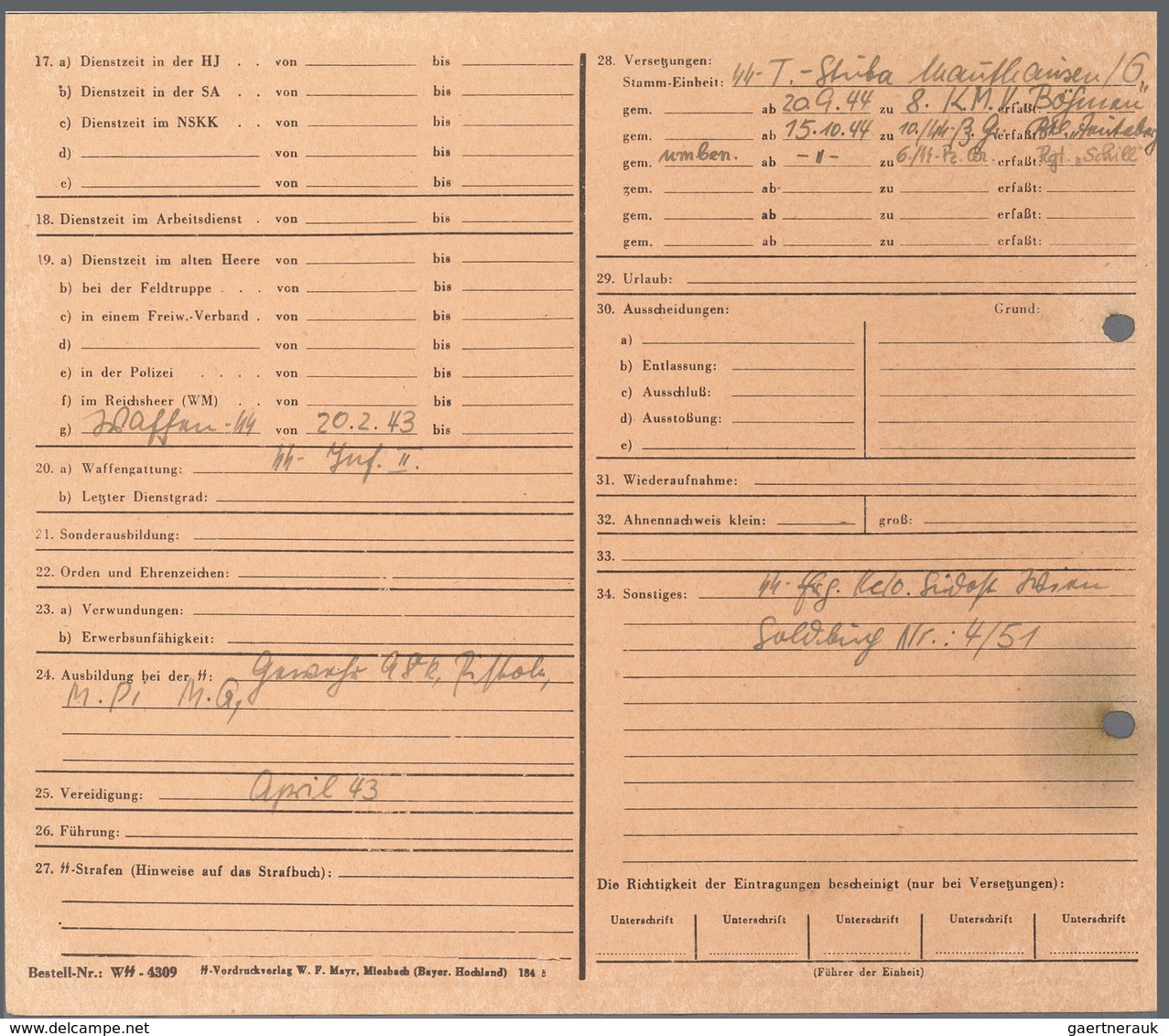 KZ-Post: 1943. Service Record (Stammkarte) For Josef Kovacs; Waffen SS Mauthausen Camp Guard (listed - Brieven En Documenten