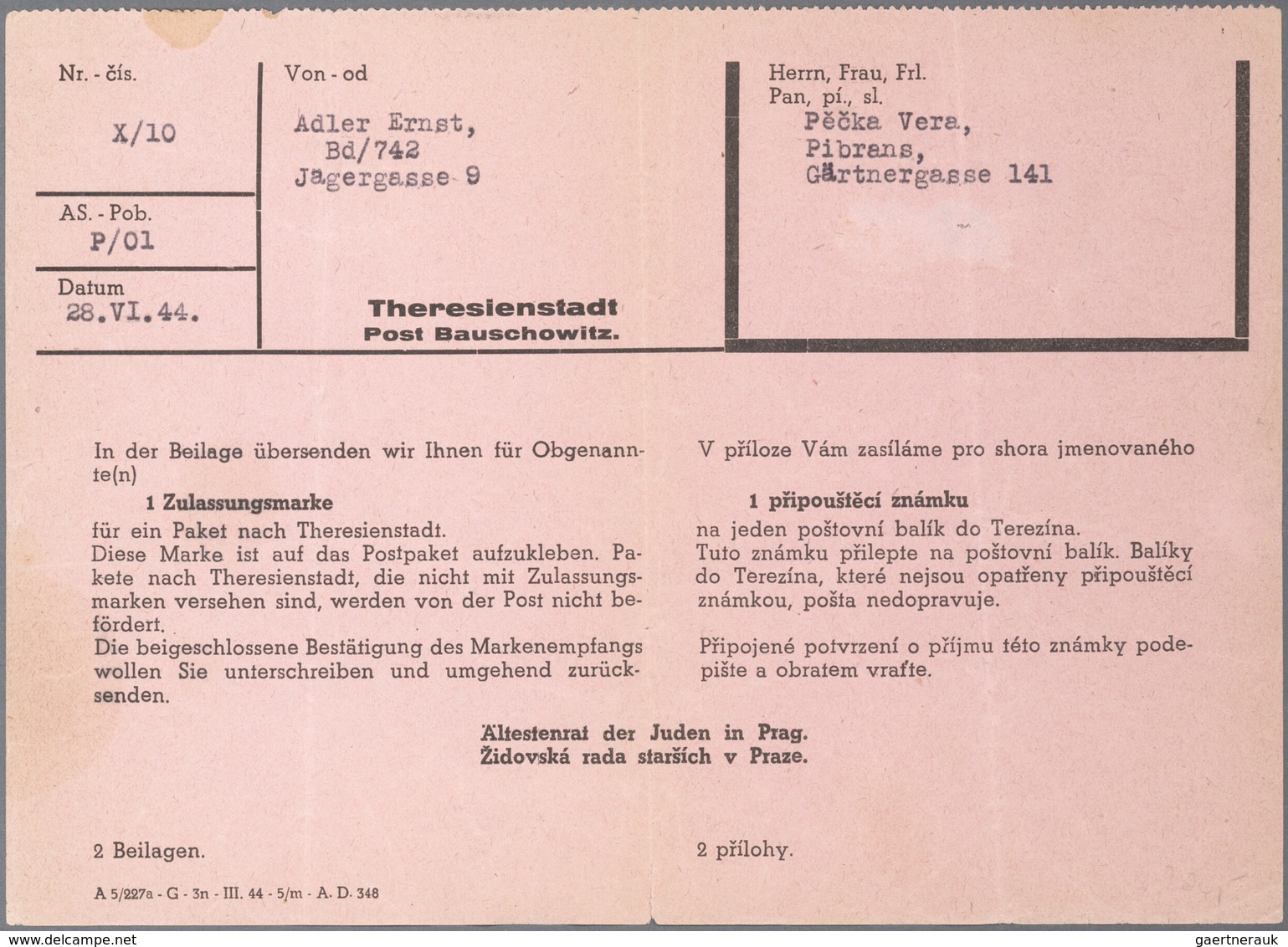 KZ-Post: 1944. Begleitvordruck Für Die Übersendungen Einer Zulassungsmarke Für Ein Paket In Das Konz - Briefe U. Dokumente