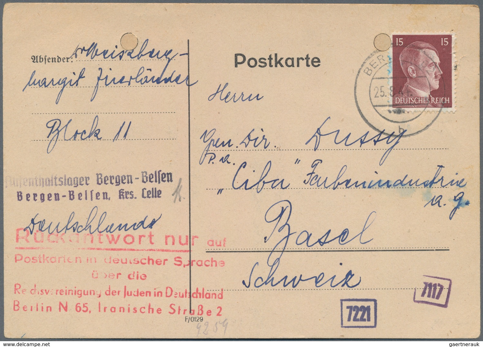 KZ-Post: 1944 (25.8.), 15 Pfg. Hitler Mit Stempel BERLIN W.62 Auf Karte Einer Jüdin Aus Dem Konzentr - Briefe U. Dokumente