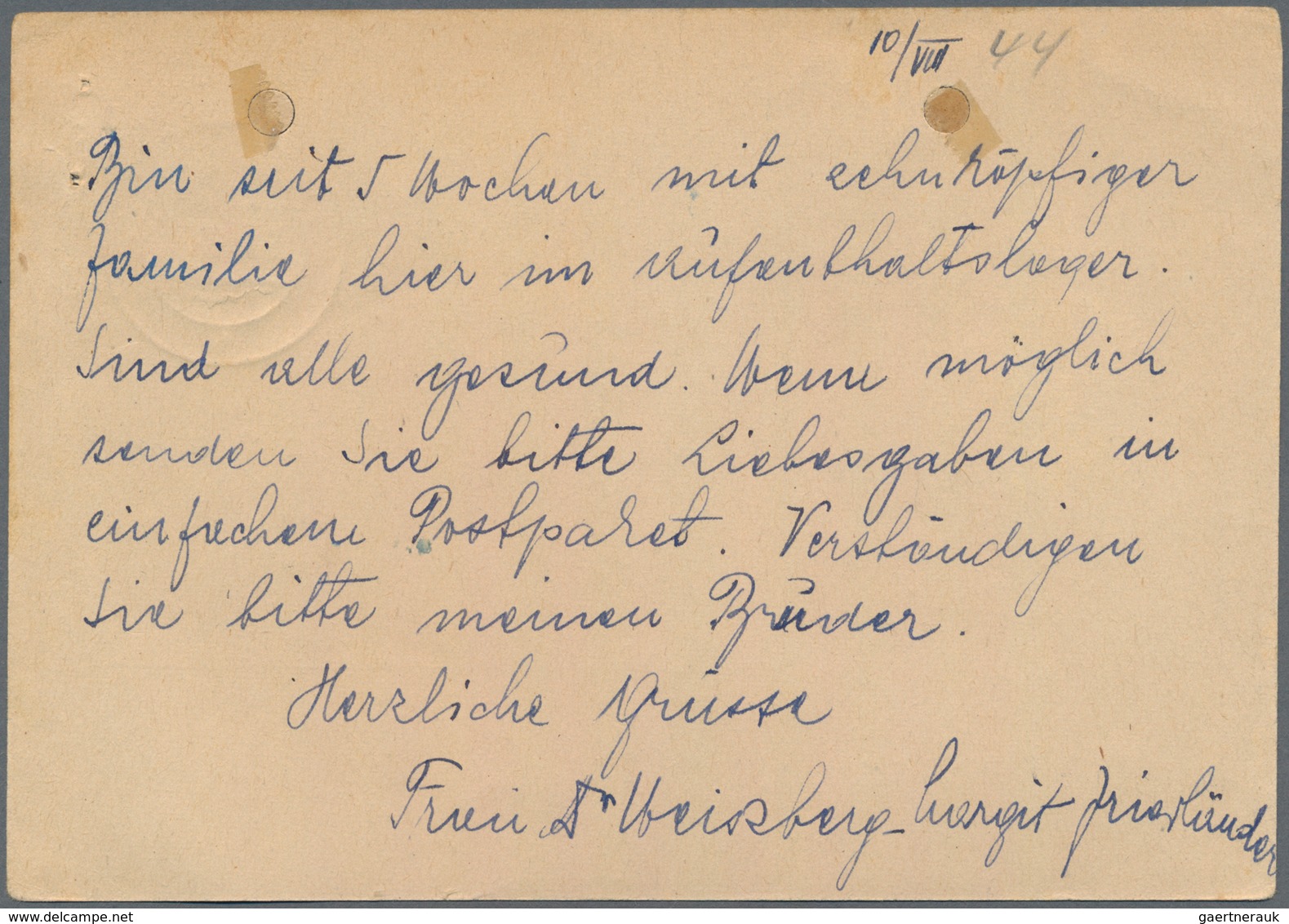 KZ-Post: 1944 (25.8.), 15 Pfg. Hitler Mit Stempel BERLIN W.62 Auf Karte Einer Jüdin Aus Dem Konzentr - Lettres & Documents