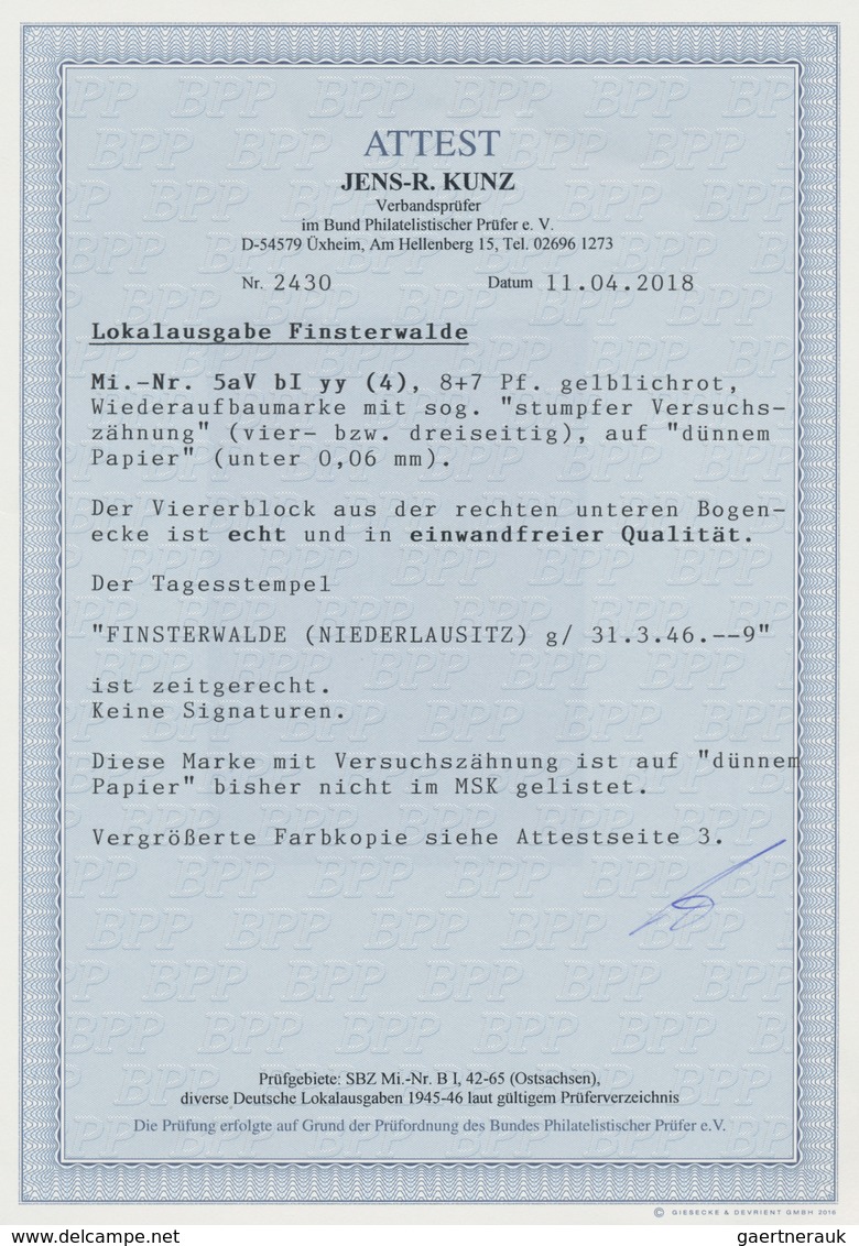 Deutsche Lokalausgaben Ab 1945: FINSTERWALDE, 1945: Wiederaufbau 8 Pf + 7 Pf, Gelblichrot Im Vierblo - Other & Unclassified