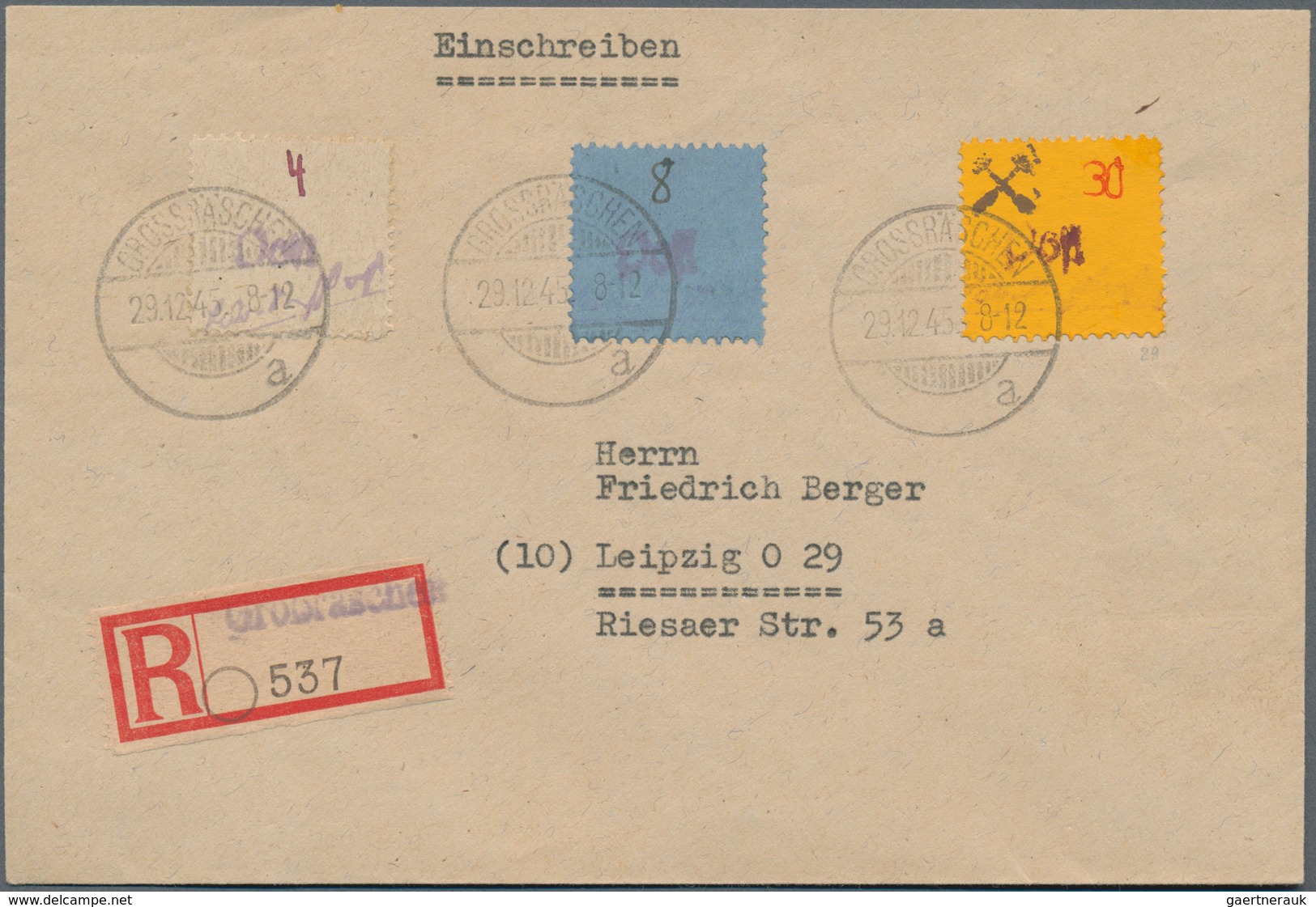 Deutsche Lokalausgaben Ab 1945: GROSSRäSCHEN, 1945. 30 Pfg. Mit Violettem Handstempel "Post" Statt R - Sonstige & Ohne Zuordnung