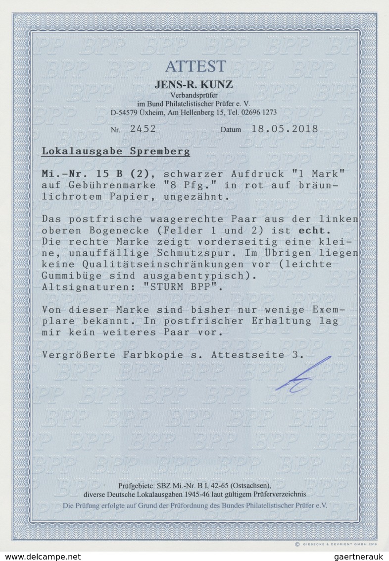 Deutsche Lokalausgaben Ab 1945: SPREMBERG 1946: 8 Pfg. + 1 M. Im Postfrischen Waagerechten Paar Aus - Autres & Non Classés