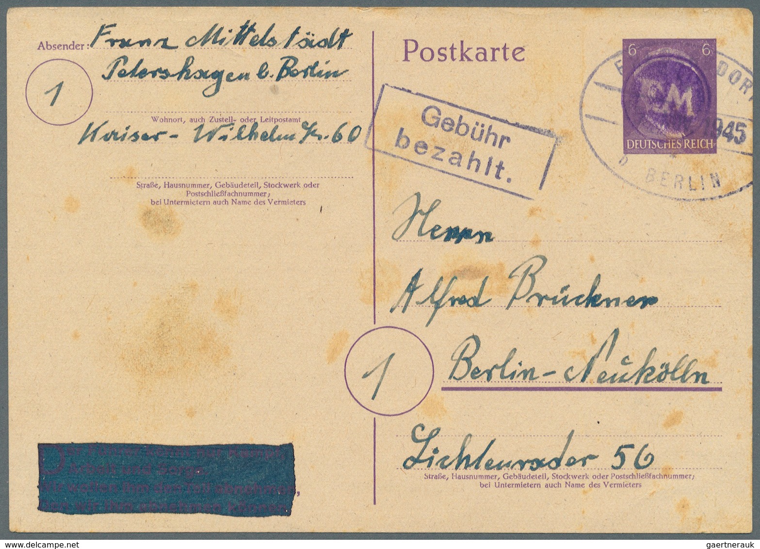 Deutsche Lokalausgaben Ab 1945 - Fredersdorf: 1945, Fredersdorf: Postkarte 6 Pf Auf 6 Pf Violett, Ge - Autres & Non Classés