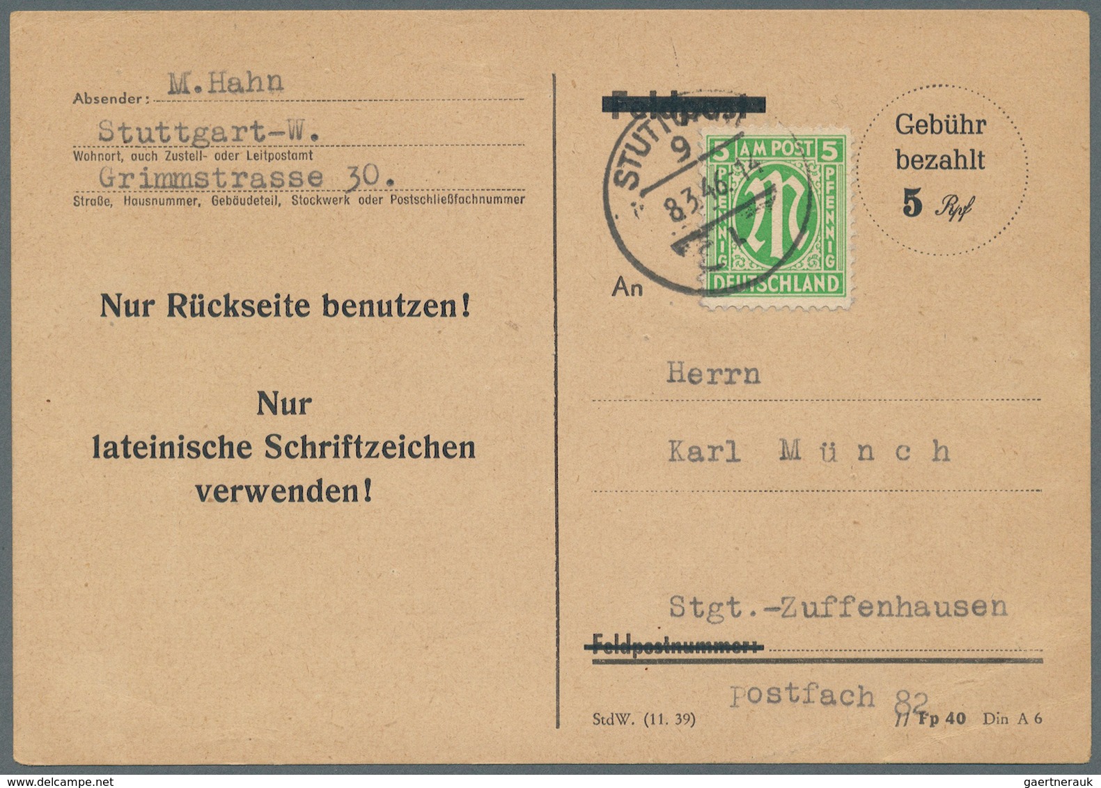 Alliierte Besetzung - Behelfsausgaben: Amerikanische Zone: 1946, RPD Stuttgart: Postkarte 5 Rpf Auf - Andere & Zonder Classificatie