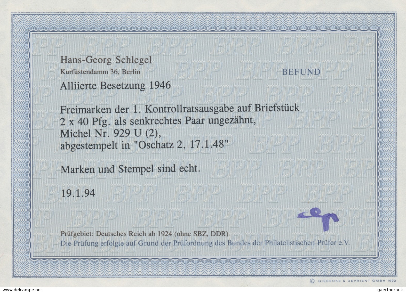 Alliierte Besetzung - Gemeinschaftsausgaben: 1946, 40 Pf Ziffer Im Breitrandig UNGEZÄHNTEN Senkrecht - Sonstige & Ohne Zuordnung