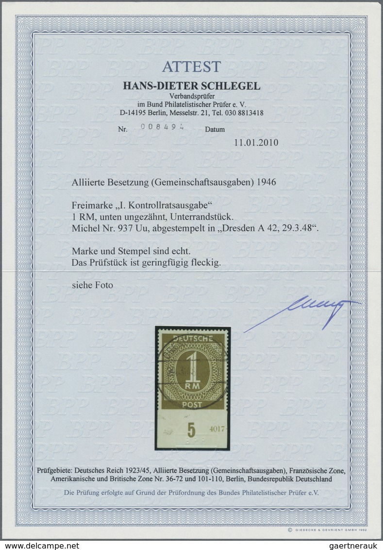 Alliierte Besetzung - Gemeinschaftsausgaben: 1946, 1 RM Ziffer UNTEN UNGEZÄHNTES Exemplar Vom Unterr - Other & Unclassified