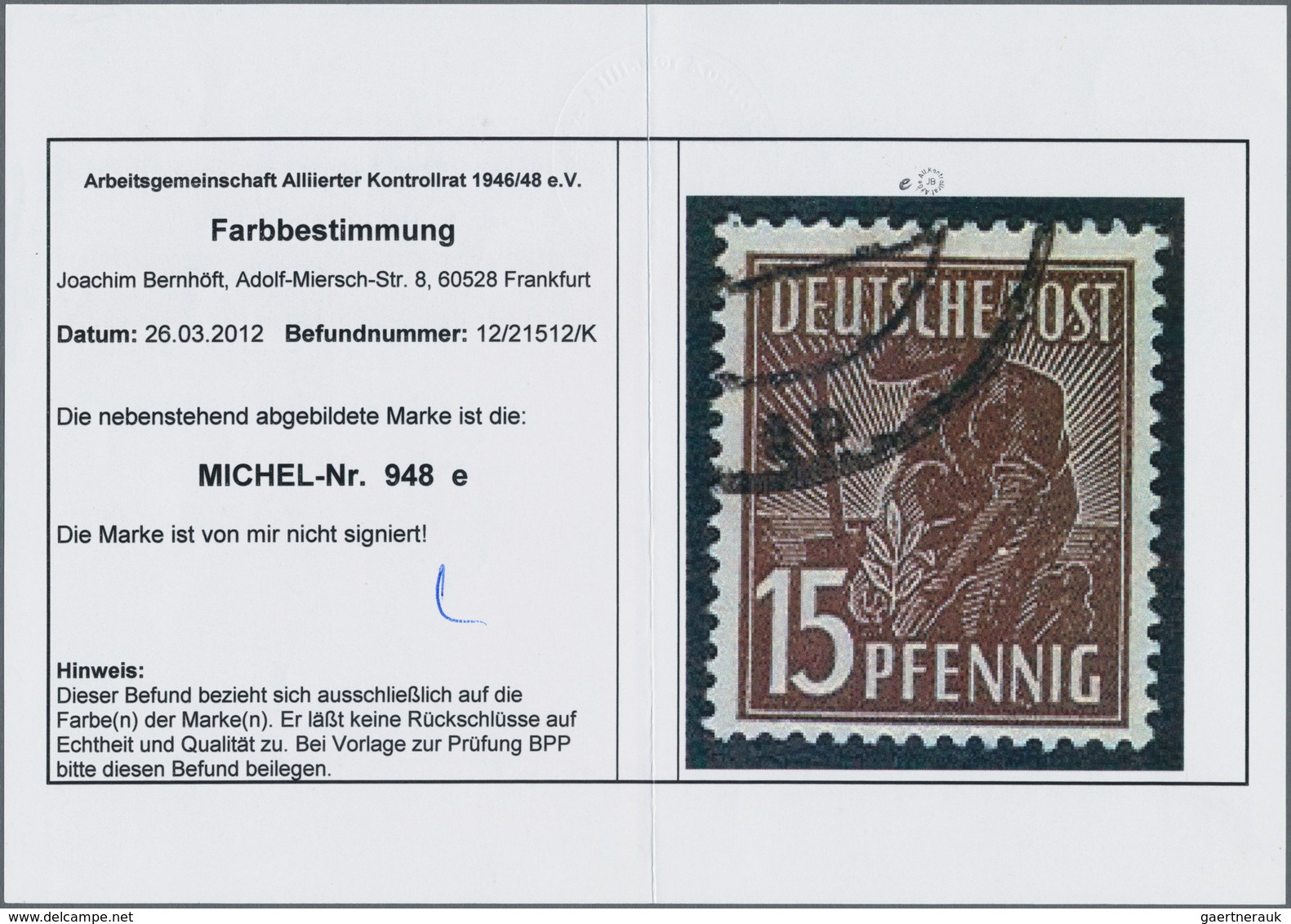 Alliierte Besetzung - Gemeinschaftsausgaben: 1947, 15 Pfg. Arbeiter In Der Sehr Seltenen Farbe Schwä - Sonstige & Ohne Zuordnung