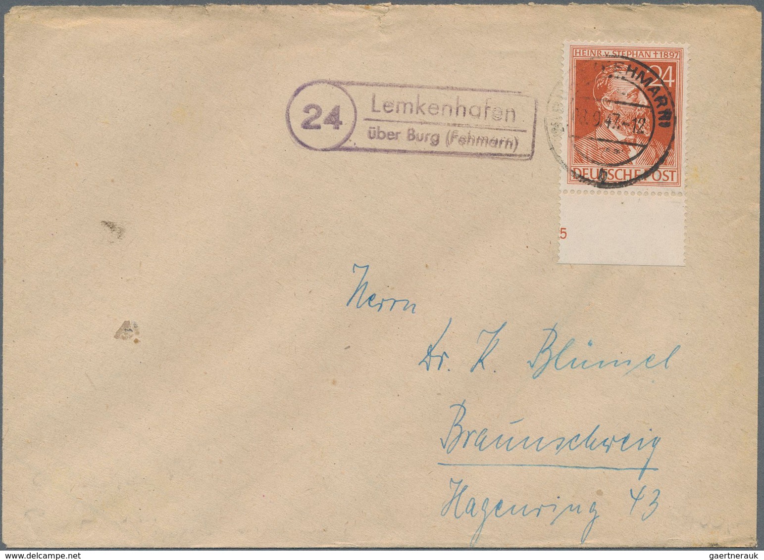 Alliierte Besetzung - Gemeinschaftsausgaben: 1947, Fernbrief Mit Poststellenstempel "(24) Lemkenhafe - Sonstige & Ohne Zuordnung