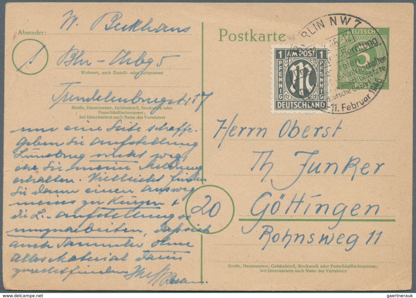 Alliierte Besetzung - Ganzsachen: 1946, Postkarte 5 Pf Grün Kontrollrat I, Mit Zfr 1 Pf AM-Post Und - Other & Unclassified