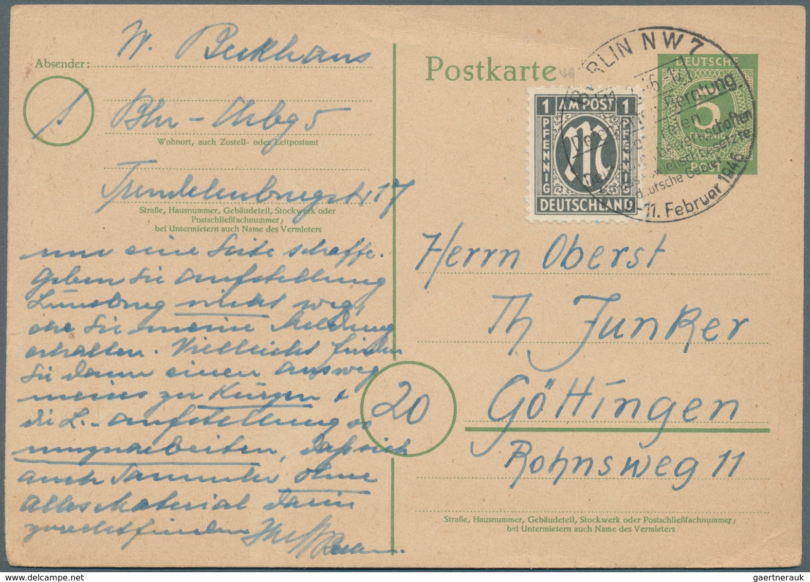 Alliierte Besetzung - Ganzsachen: 1946, Postkarte 5 Pf Grün Kontrollrat I, Mit Zfr 1 Pf AM-Post Und - Andere & Zonder Classificatie