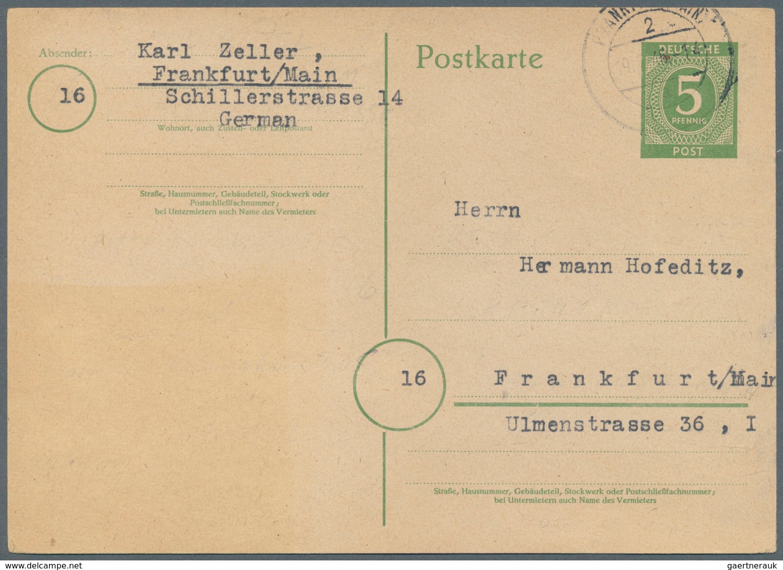 Alliierte Besetzung - Ganzsachen: 1946, Postkarte 5 Pf Grün Kontrollrat I, Gebraucht Als Ortskarte " - Andere & Zonder Classificatie