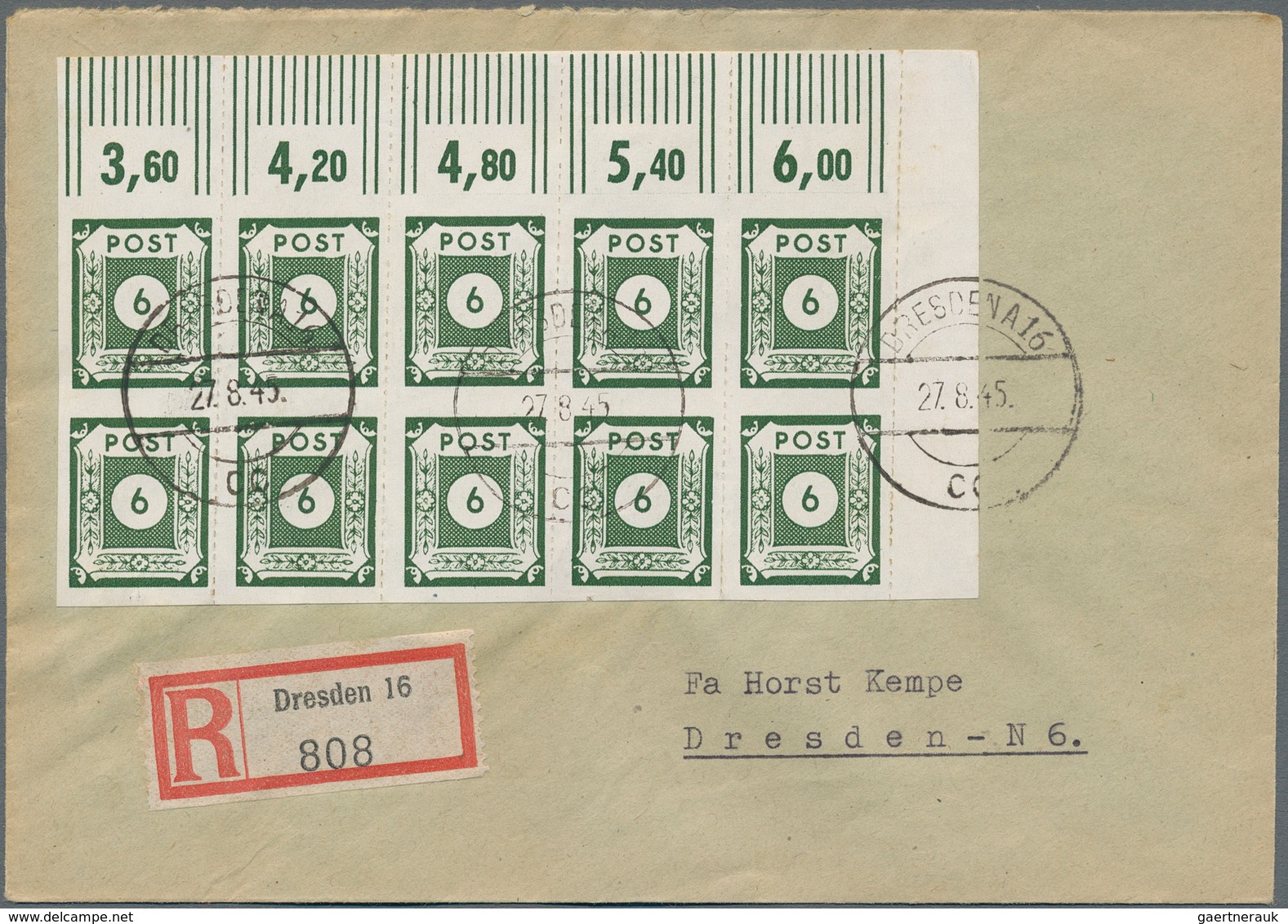 Sowjetische Zone - Ost-Sachsen: 1945, 6 Pfg. Ziffer Nur Senkrecht Surchstochen Im 10-er-Block Aus De - Sonstige & Ohne Zuordnung