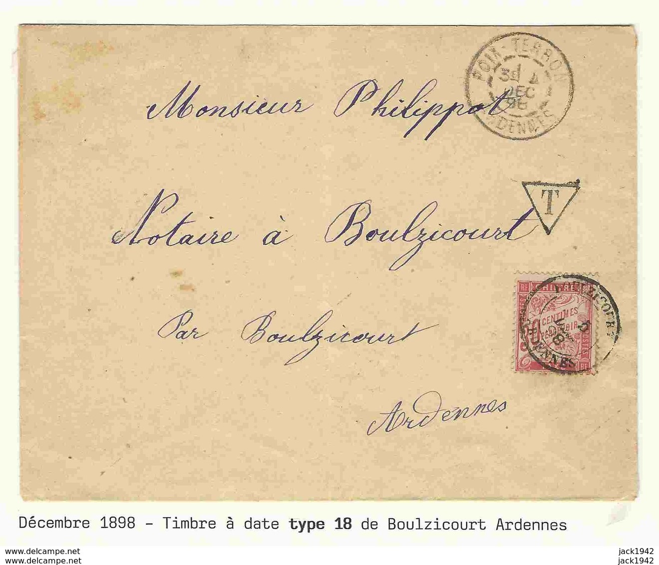 1898 - Enveloppe NA De Poix-Terron Ardennes Taxée 30c Rouge Oblitéré Type 18 à Boulzicourt - 1859-1959 Lettres & Documents