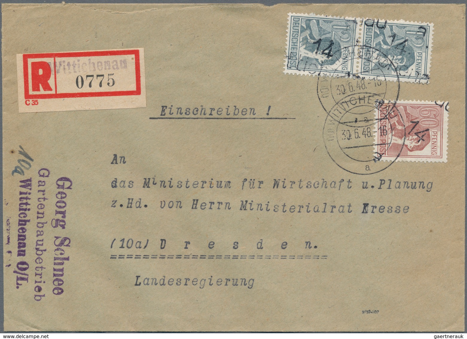 Sowjetische Zone - Bezirkshandstempel - II - Bez. 14 (Dresden): WITTICHENAU A: 12 Pf Arbeiter Im Paa - Sonstige & Ohne Zuordnung