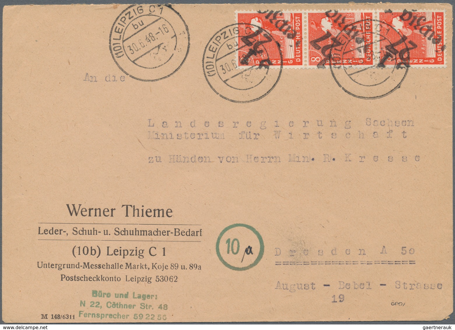 Sowjetische Zone - Bezirkshandstempel - V - Bez. 27 (Leipzig): 1948, 8 Pf Zinnoberrot Im Senkr. 3er- - Andere & Zonder Classificatie