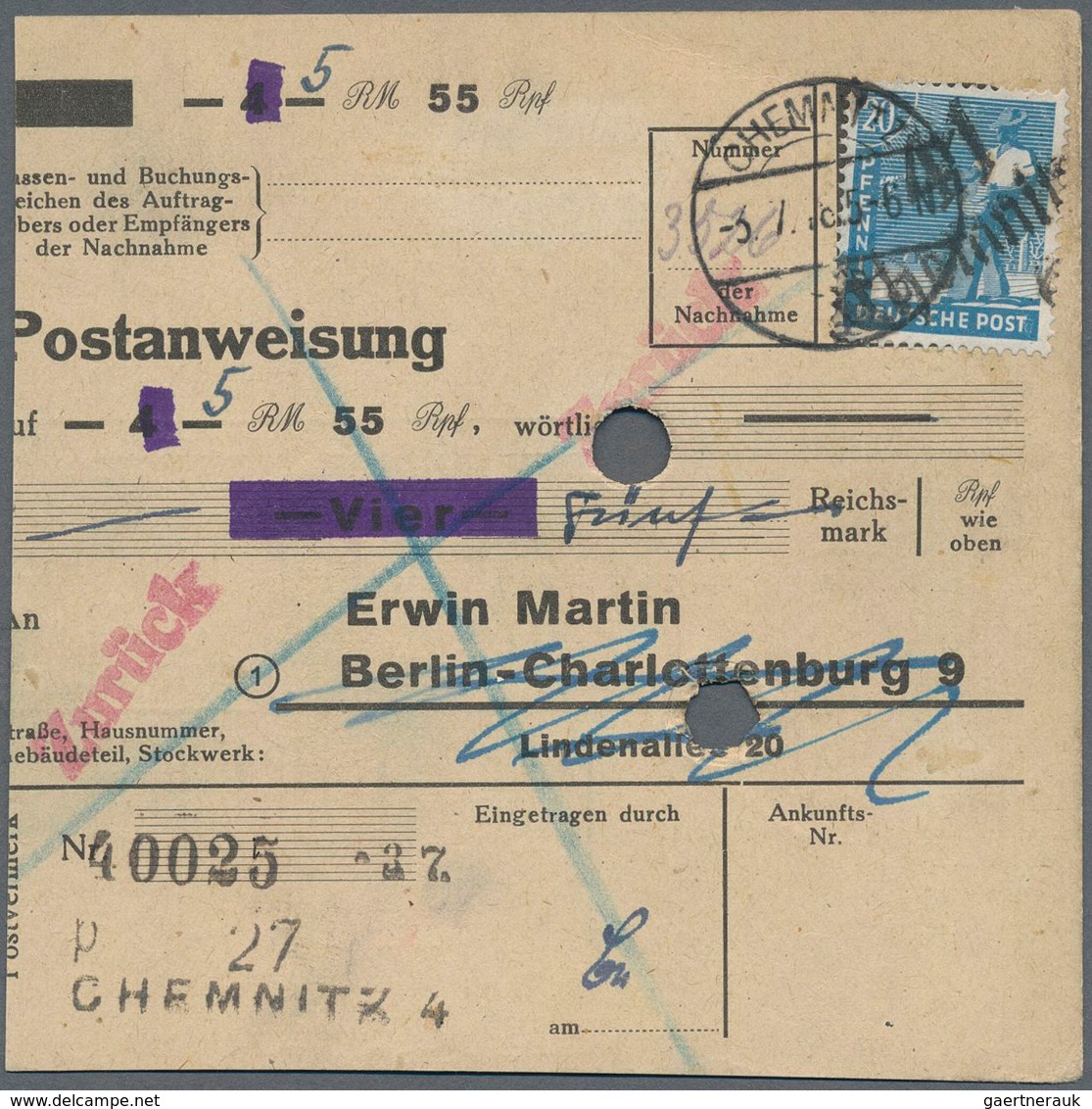 Sowjetische Zone - Bezirkshandstempel - X - Bez. 41 (Chemnitz): "41 Chemnitz" Auf 20 Pf Arbeiter Als - Autres & Non Classés