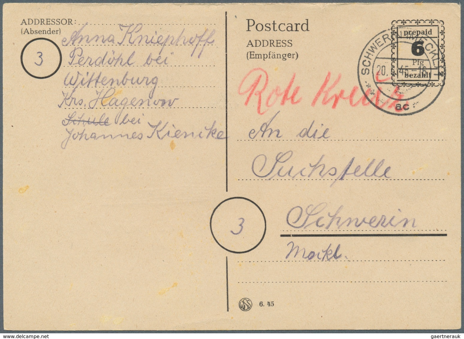 Sowjetische Zone - Ganzsachen: 1945, RPD Schwerin, Postkarte 6 Pf Sauber Ortsgebraucht (19.6.45), Mi - Andere & Zonder Classificatie