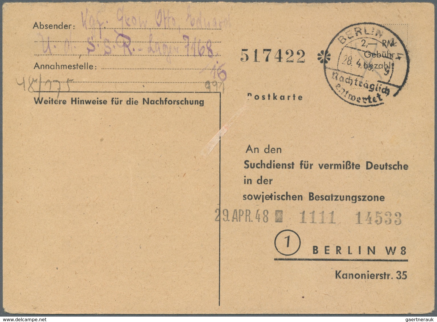 Sowjetische Zone - Ganzsachen: 1948, Suchdienstkarte Mit Wertstempel "2.- RM Gebühr Bezahlt" Im Punk - Other & Unclassified