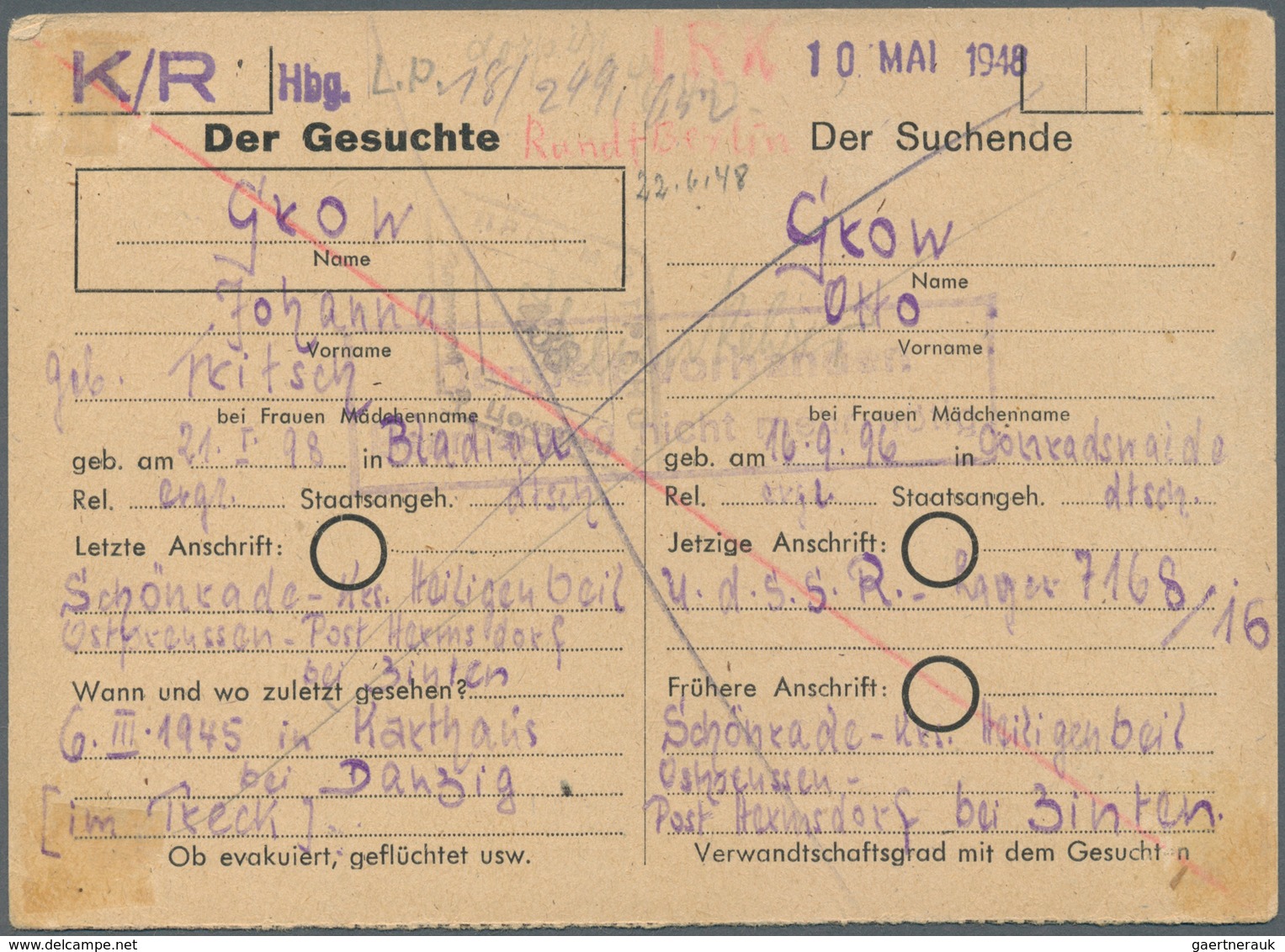 Sowjetische Zone - Ganzsachen: 1948, Suchdienstkarte Mit Wertstempel "2.- RM Gebühr Bezahlt" Im Punk - Andere & Zonder Classificatie