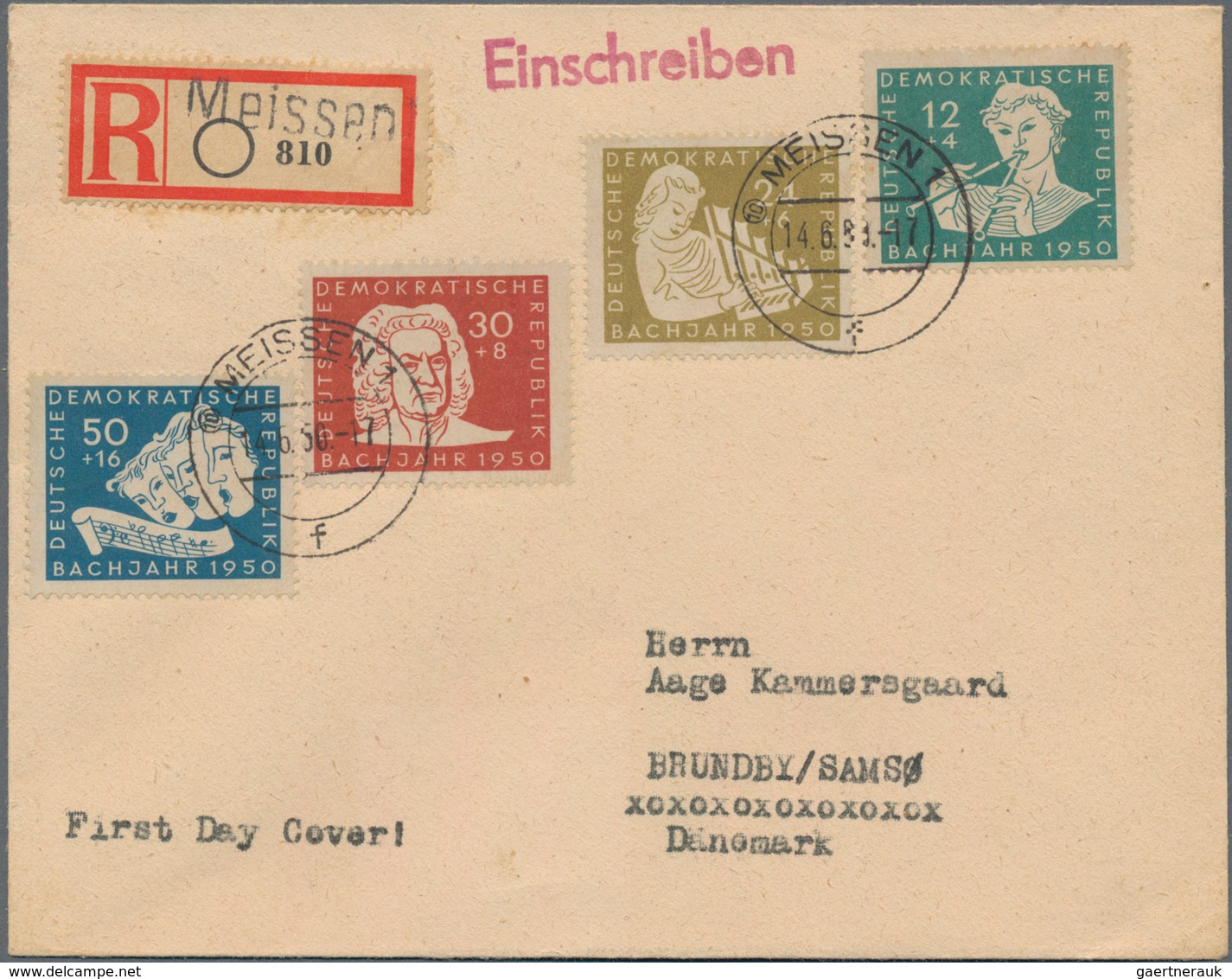 DDR: 1950. BACH Kpl. Auf FDC-R-Brief Mit Ersttags-Tagesstempel "Meissen 14.6.50" Nach Dänemark. (Mic - Covers & Documents