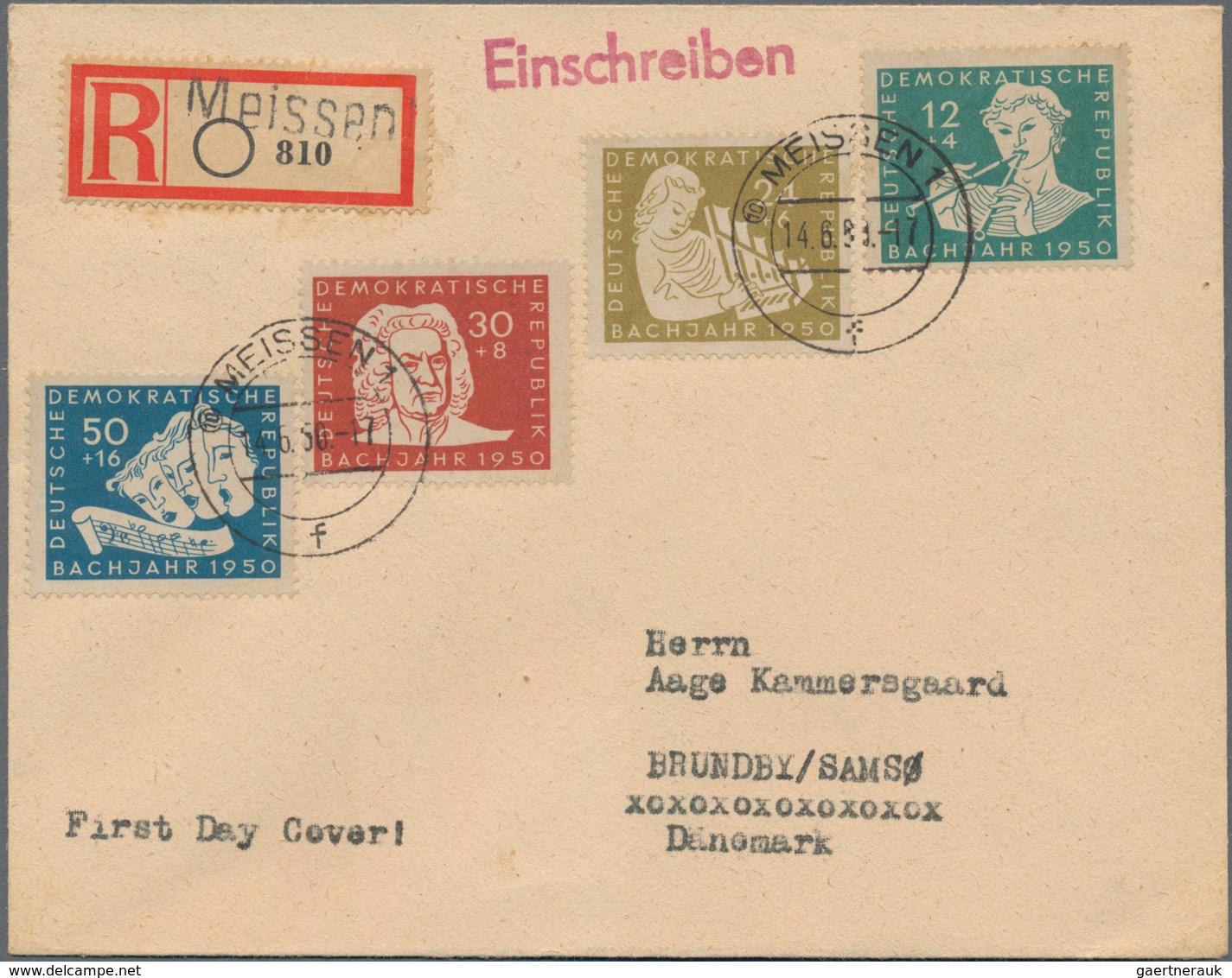 DDR: 1950. BACH Kpl. Auf FDC-R-Brief Mit Ersttags-Tagesstempel "Meissen 14.6.50" Nach Dänemark. (Mic - Briefe U. Dokumente