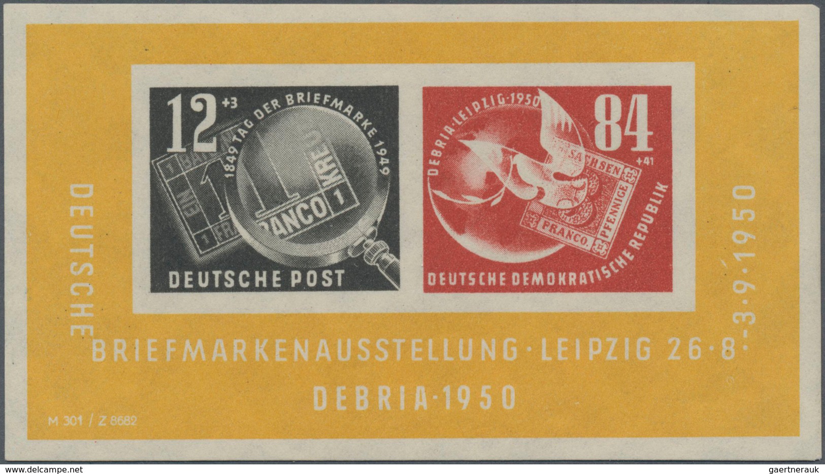 DDR: 1950, DEBRIA-Block Mit Dem Plattenfehler "schräger Weißer Strich über '1' Von '1950'" Am Rechte - Lettres & Documents