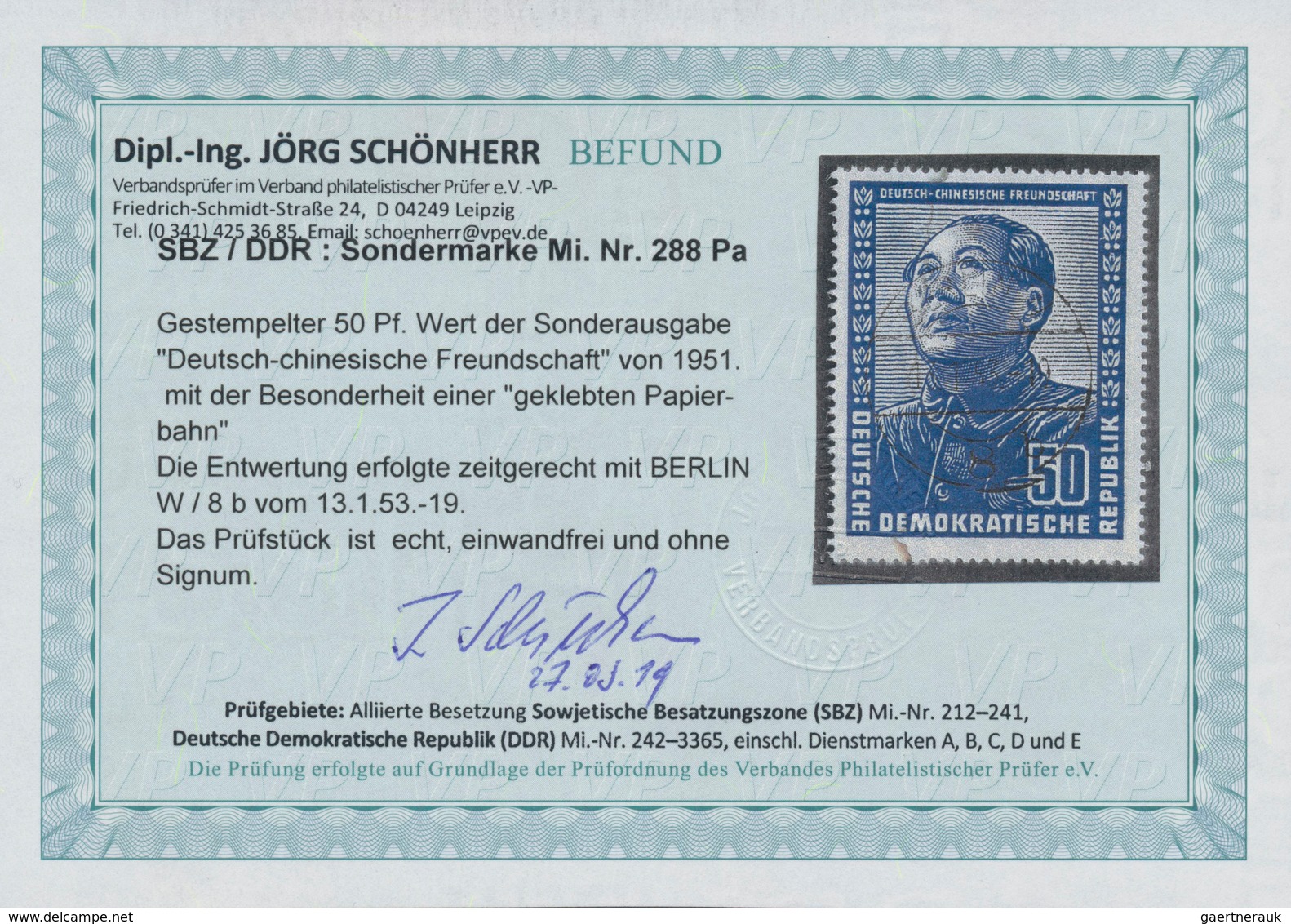 DDR: 1953, Deutsch-Chinesische Freundschaft 50 Pf Auf Geklebter Papierbahn, Zeitgerecht Entwertet "B - Briefe U. Dokumente