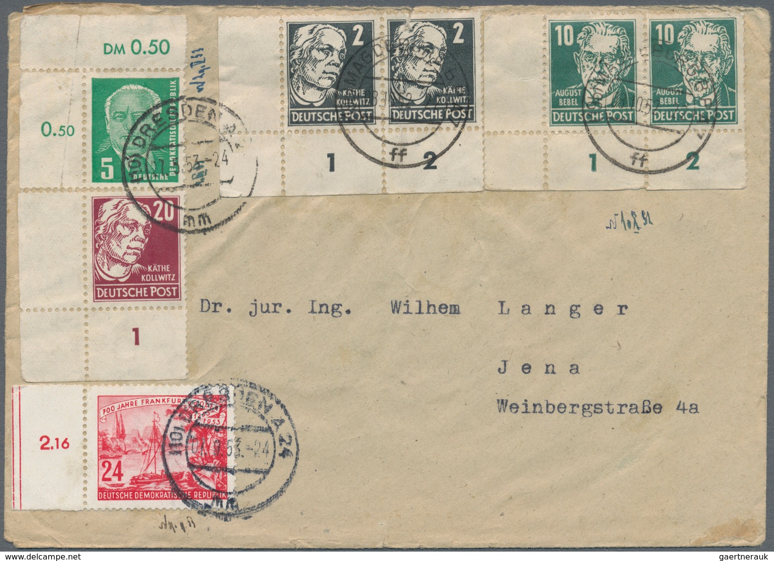 DDR: 1952/1953, 5-Farbenbrief Mit 4x Eckrand- Und 1x Randstück Auf Brief Von Dresden Nach Jena, Dabe - Covers & Documents