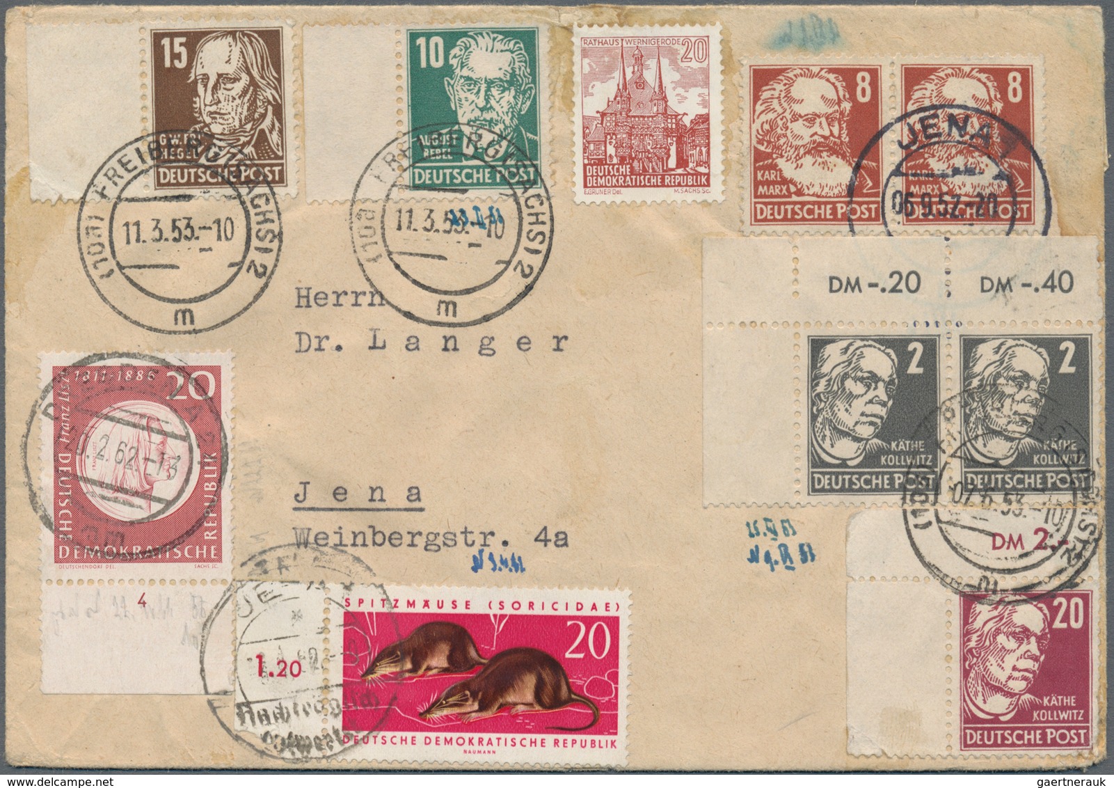 DDR: 1952/1953, 7 Werte "Persönlichkeiten" Mit 4x Eckrand-/Randstücke + 3 Weitere Marken Auf Brief V - Covers & Documents