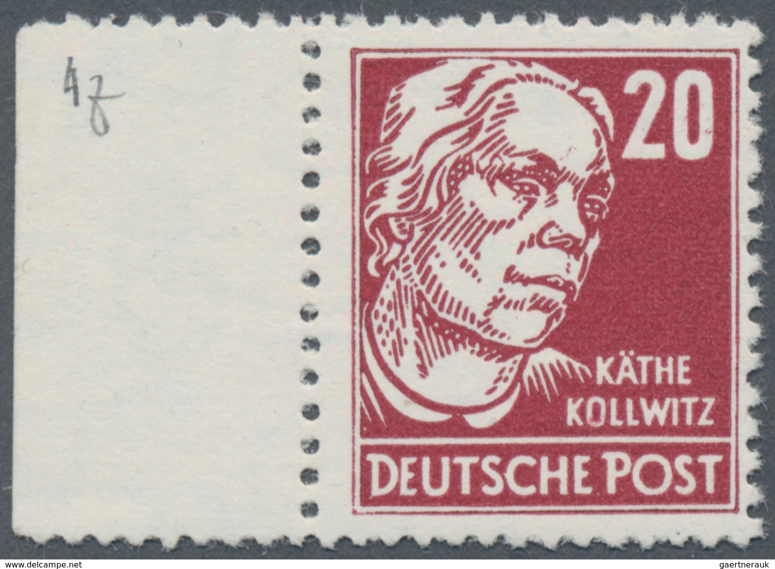 DDR: 1953, 20 Pfg. Köpfe II, Käthe Kollwitz Lebhatkarminrot Auf Gestrichenem Papier Mit Senkrechtem - Briefe U. Dokumente