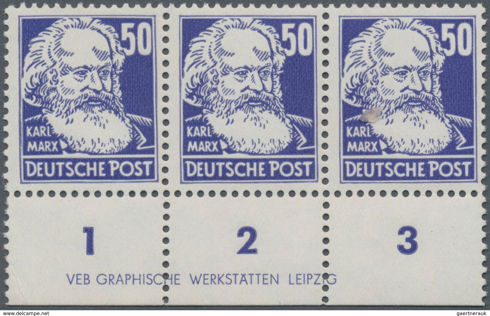 DDR: 1953, 50 Pfg. Marx Dunkelviolettblau Im Waagerechten Dreierstreifen Aus Der Linken Unteren Boge - Covers & Documents