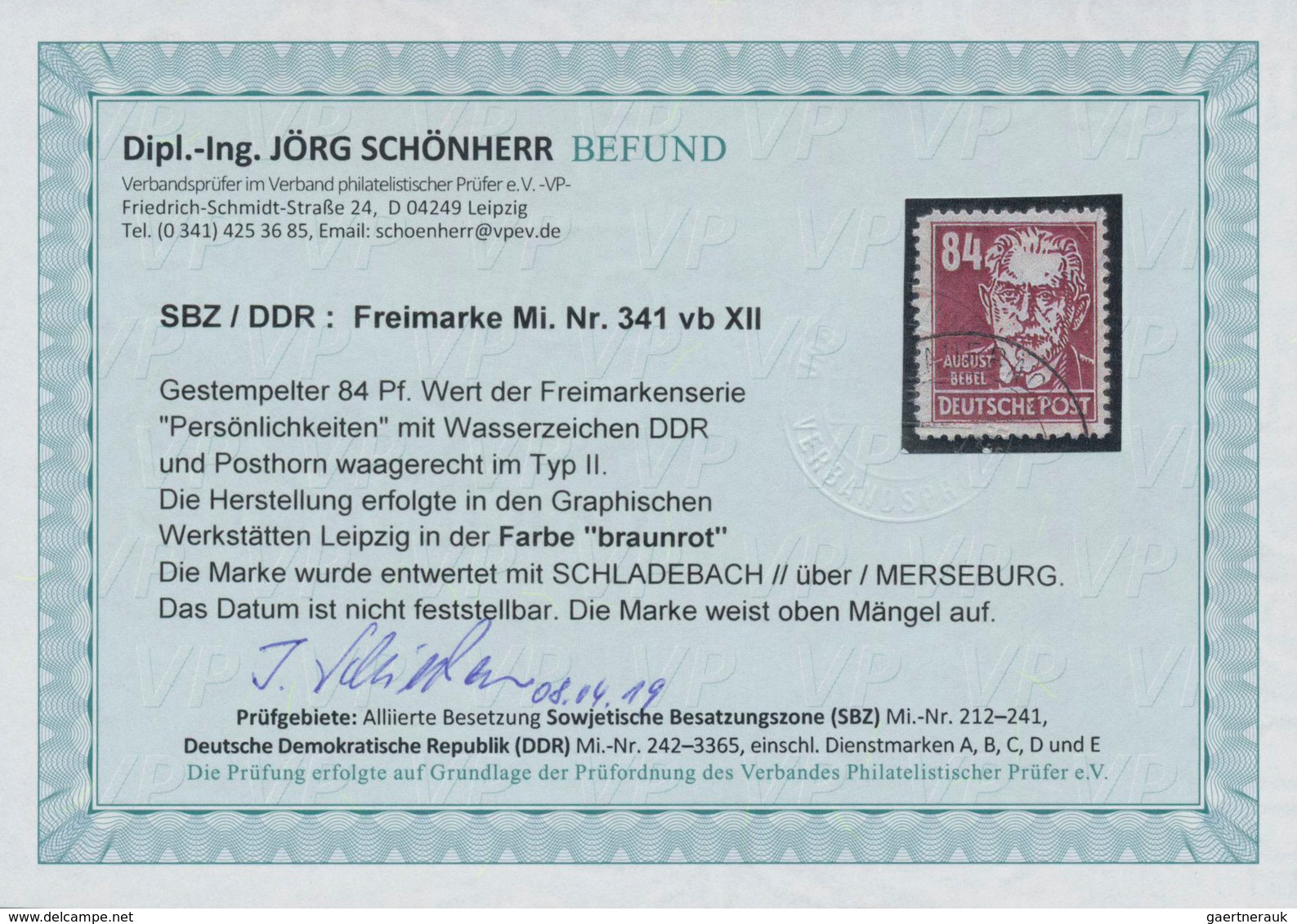 DDR: 1953, 84 Pfg. Bebel Braunrot Mit Wasserzeichen Waagerecht Type II, Entwertet "SCHLADEBACH", Ein - Lettres & Documents