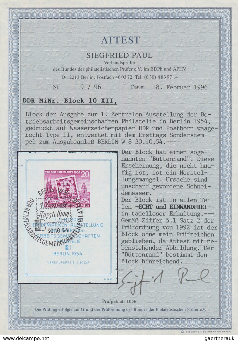 DDR: 1954, 20 Pfg. Briefmarkenausstellung Berlin-Block Mit ESST Und Sog. "Büttenrand" (durch Unschar - Briefe U. Dokumente
