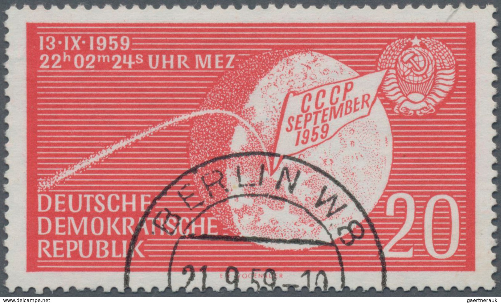 DDR: 1959, Landung Lunik 2 Auf Dem Mond 20 Pf Mit Abart "Wasserzeichen DDR Und Kreuzblüten Richtig S - Briefe U. Dokumente