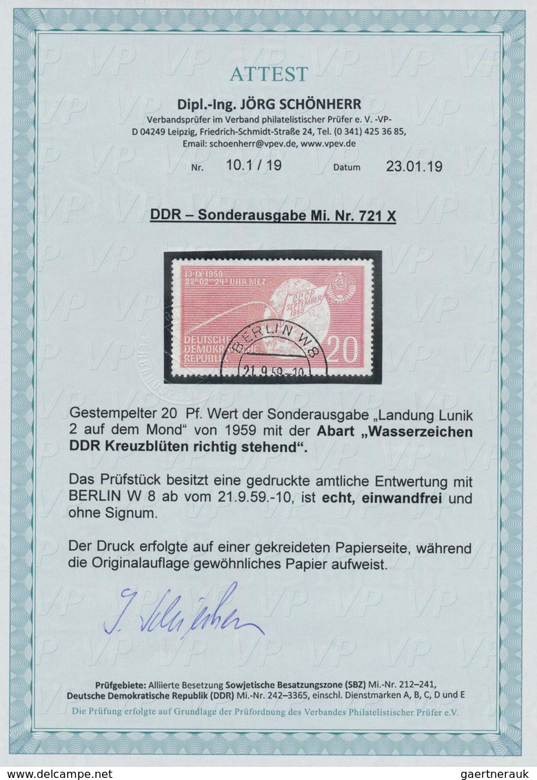 DDR: 1959, Landung Lunik 2 Auf Dem Mond 20 Pf Mit Abart "Wasserzeichen DDR Und Kreuzblüten Richtig S - Briefe U. Dokumente