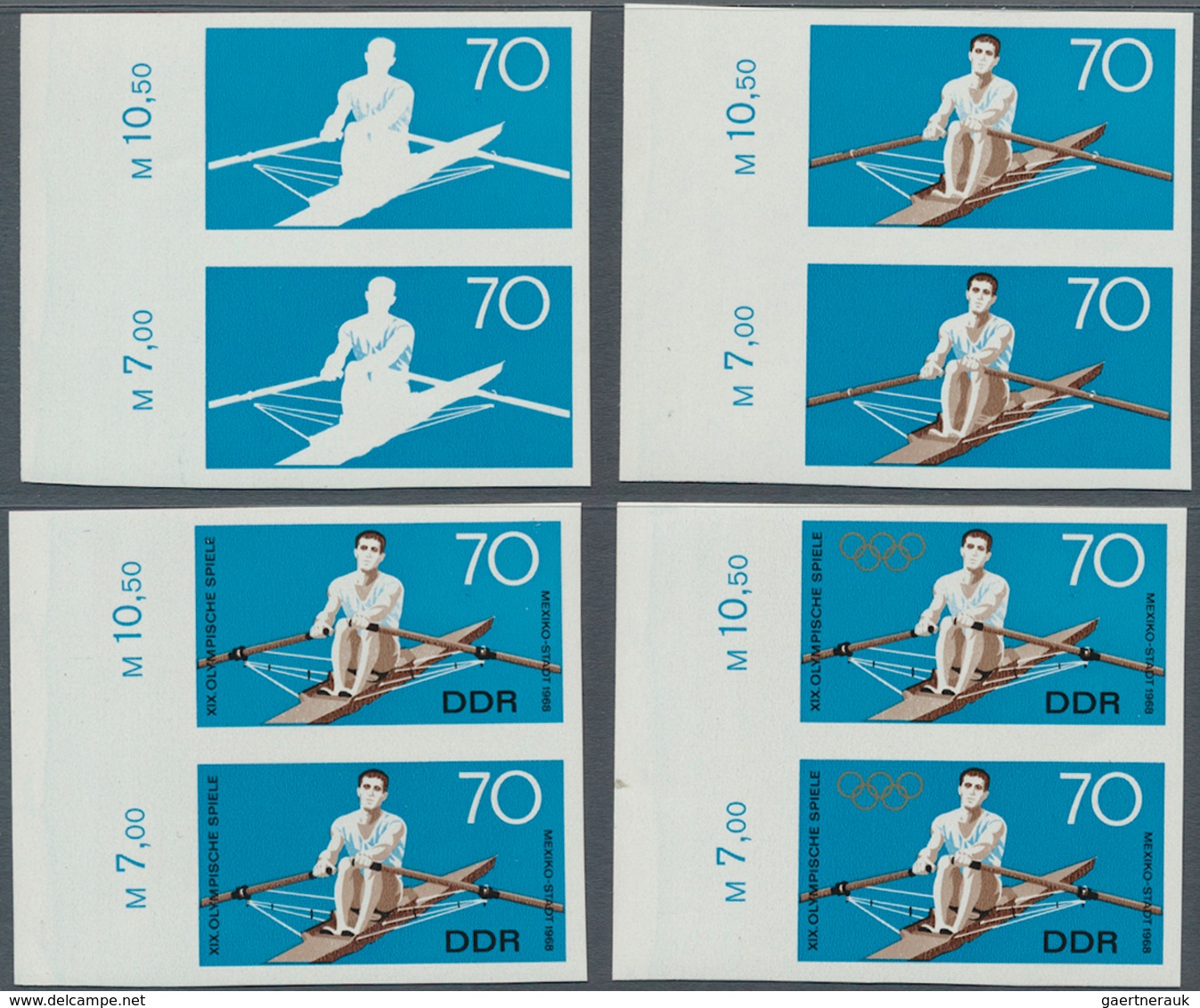 DDR: 1968, Olympische Sommerspiele Mexico 70 Pf. 'Rudern (Einer)' In 4 Verschiedenen Ungezähnten Sen - Covers & Documents