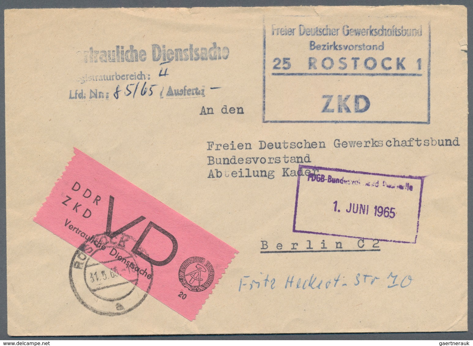 DDR - Dienstmarken D (Vertrauliche Dienstsachen): 1965, 20 Pfg. Schwarz Auf Hellilarosa In üblicher - Andere & Zonder Classificatie