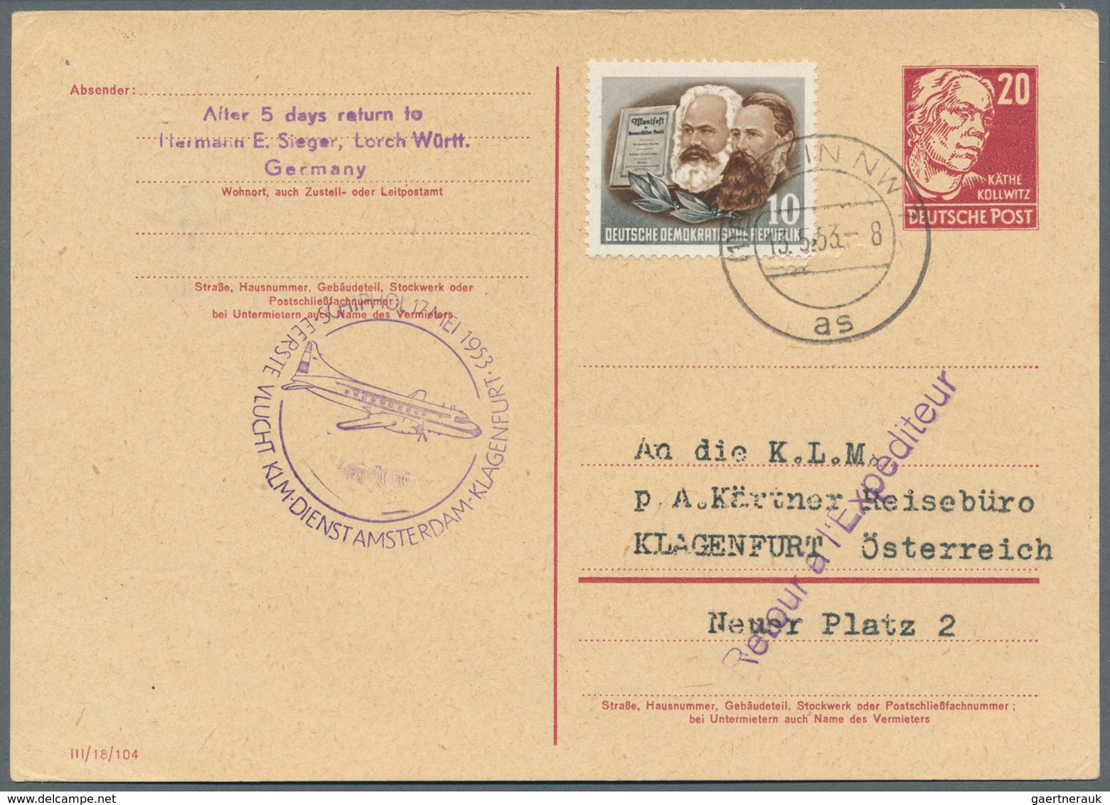 DDR - Ganzsachen: 1953, Postkarte 20 Pf Karminrot Kollwitz, Gebraucht Mit 10 Pf Zfr Als Lp-Karte Von - Autres & Non Classés