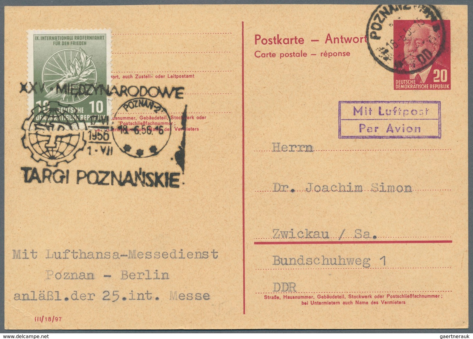 DDR - Ganzsachen: 1956, Antwortkarte 20 Pf Karmin Pieck, Vordruck Deutsch/franz., Mit 10 Pf Zfr Per - Otros & Sin Clasificación