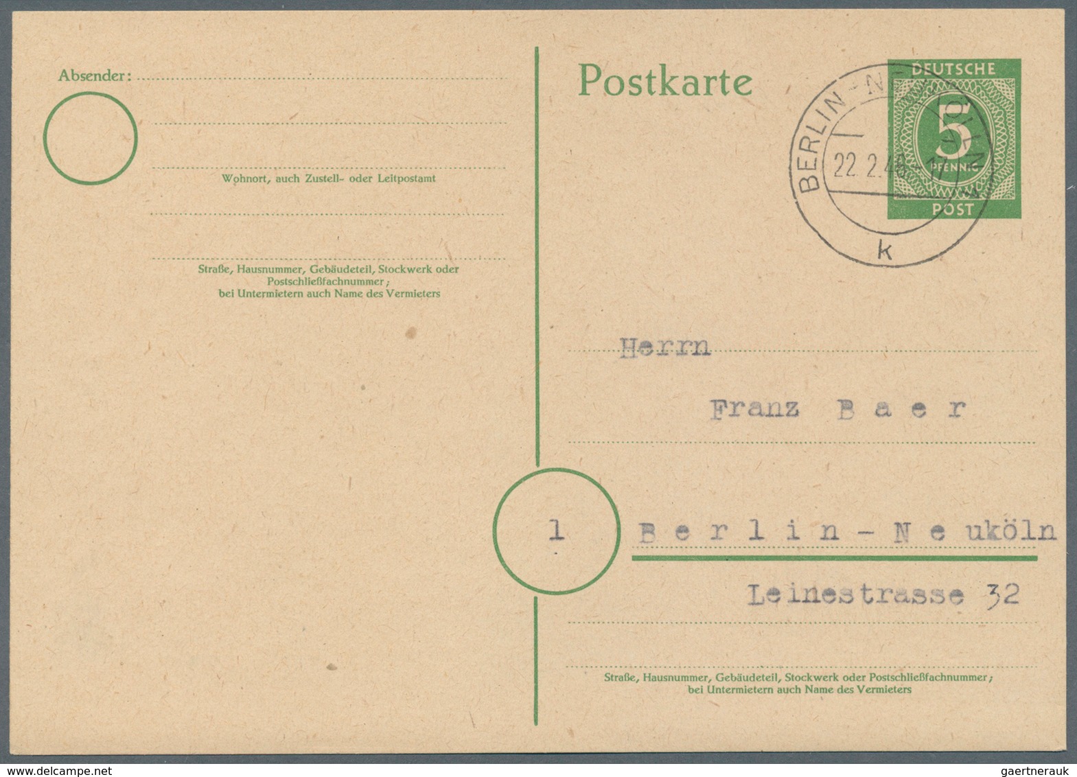Berlin - Vorläufer: 1946, Postkarte 5 Pf Grün Kontrollrat I, Gestempelt "Berlin 22.2.46" Und Adressi - Lettres & Documents