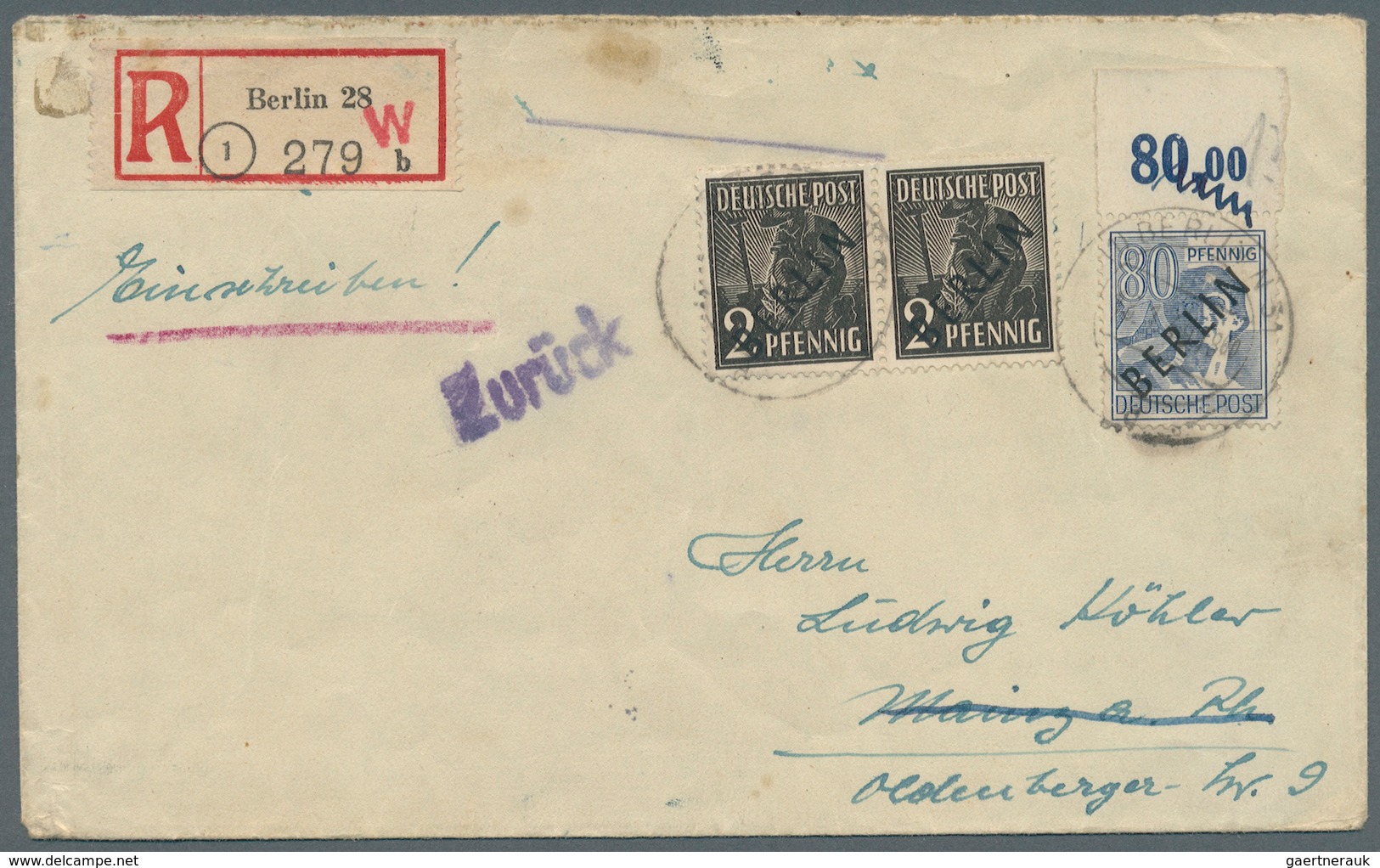 Berlin: 1949, 18.1.,Schwarzaufdruck 2x2 Pfg Und Oberrandstück 80 Pfg Portogerecht Auf Einschreibbrie - Autres & Non Classés