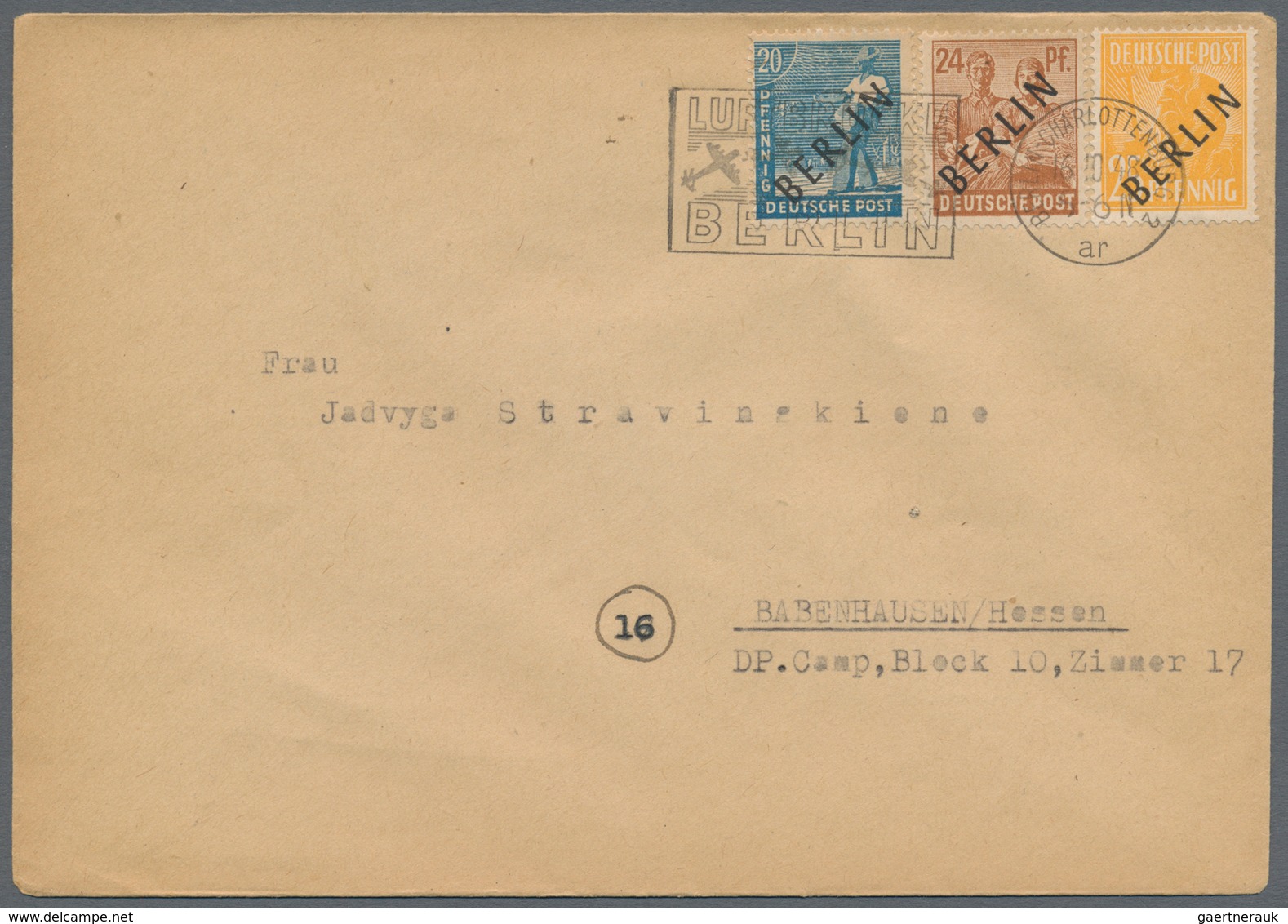 Berlin: 1948 Schwarzaufdruck: 15 Werte (inkl. 84 Pf. bis 5 M.) auf 6 Briefen von Berlin nach Babenha