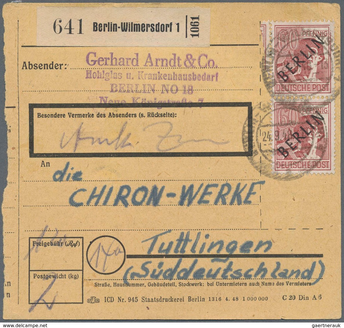 Berlin: 60 Pf. Schwarzaufdruck Im Paar Als MeF Auf Paketkarte Ab Berlin-Wilmersdorf Vom 24.9.48 Nach - Sonstige & Ohne Zuordnung