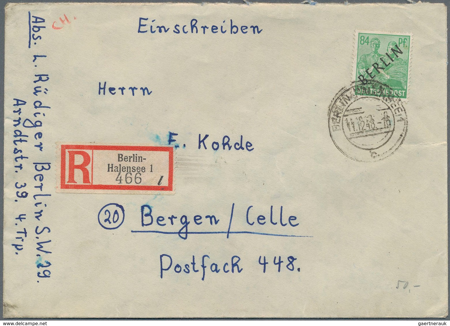 Berlin: 1948, 84 Pf. Schwarzaufdruck Mit Abart "'L'mit Apostroph" Als Portogerechte Einzelfrankatur - Sonstige & Ohne Zuordnung