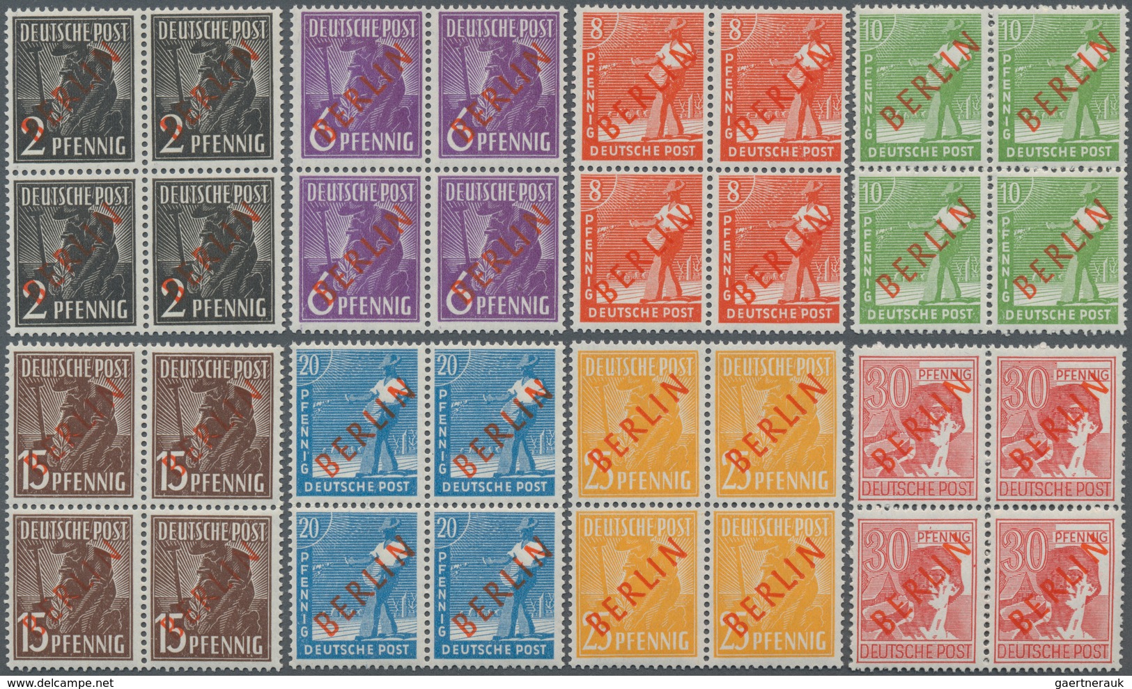 Berlin: 1949, Rotaufdruck, 2 Pfg. Bis 2 DM, Komplette Serie In 4er-Blocks, Postfrisch, Unsigniert. F - Otros & Sin Clasificación