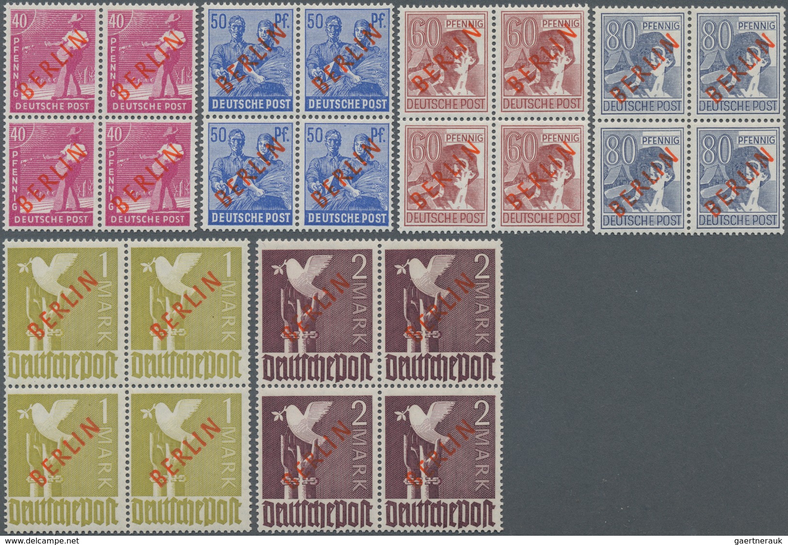 Berlin: 1949, Rotaufdruck, 2 Pfg. Bis 2 DM, Komplette Serie In 4er-Blocks, Postfrisch, Unsigniert. F - Andere & Zonder Classificatie