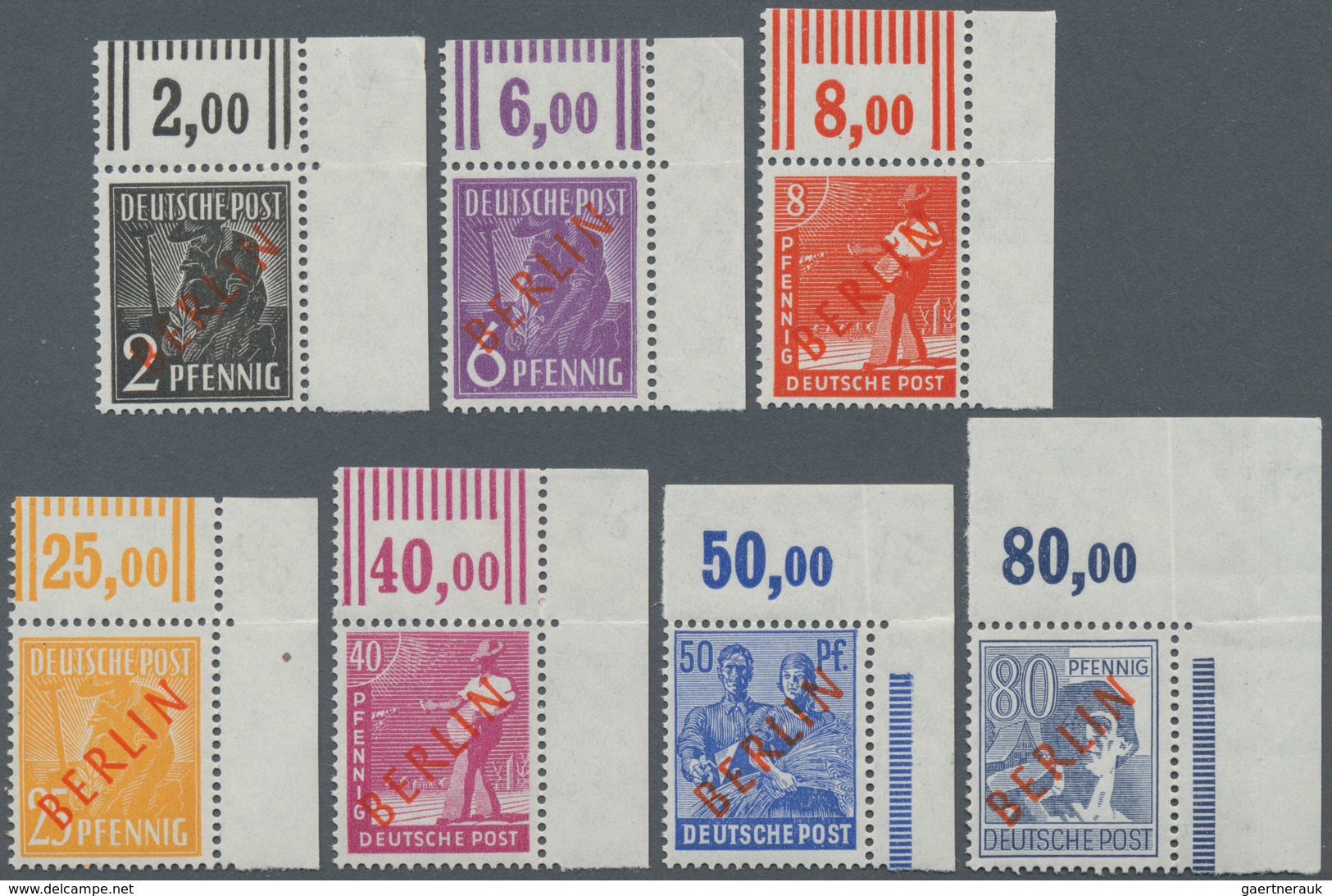 Berlin: 1949, Freimarken Rotaufdruck, 7 Postfrische Werte Platten- Bzw. Walzendruck, Je Einheitlich - Andere & Zonder Classificatie